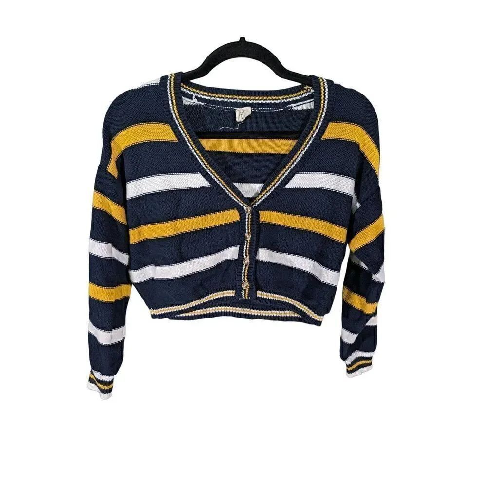 Ijoah Striped Knitted Cardigan, Cropped Long Sleeve V Neck Top Size Small